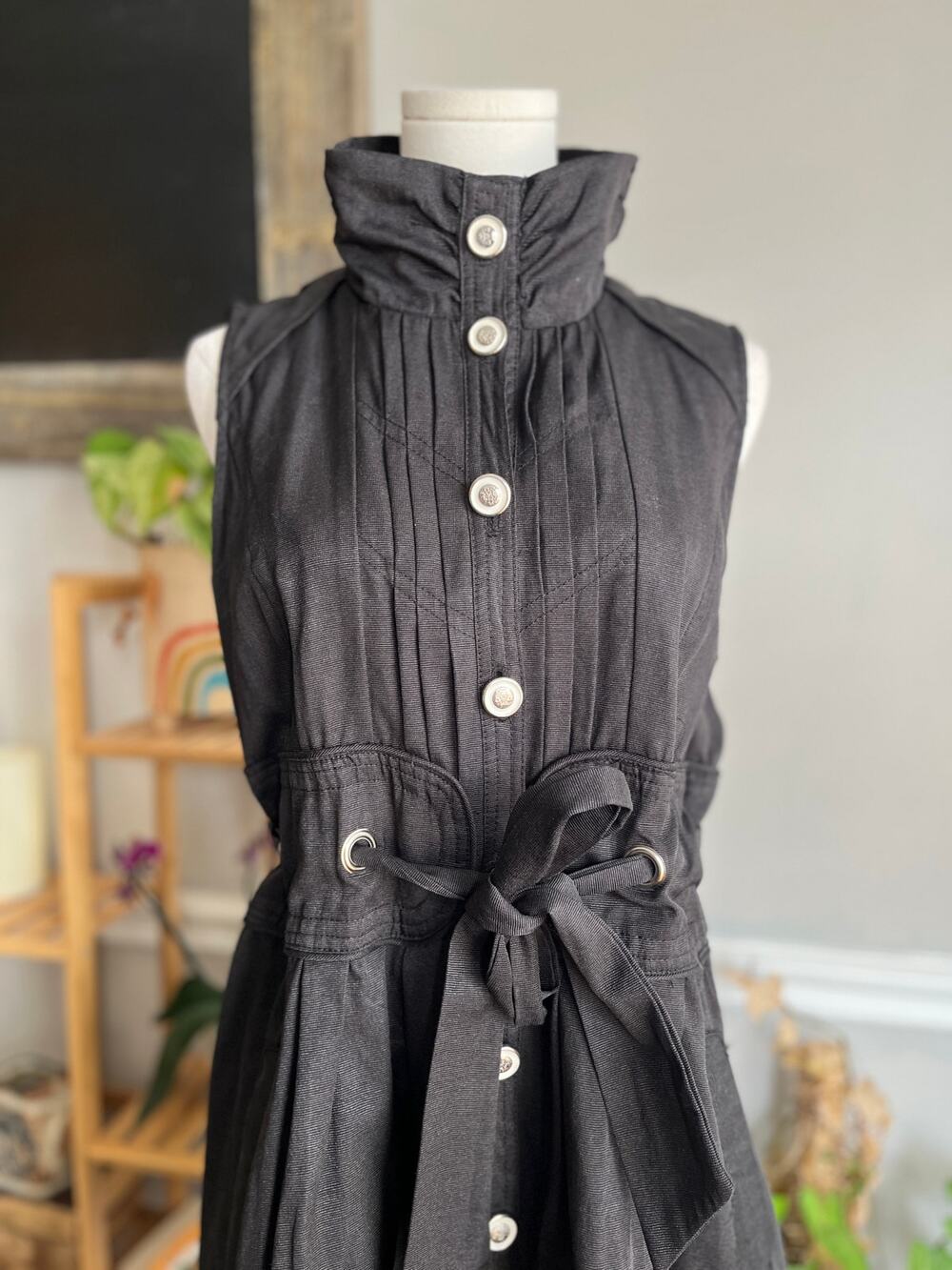Vintage Y2K Black Corset Dress Midi Gothic Button Front Funnel Neck Size Large